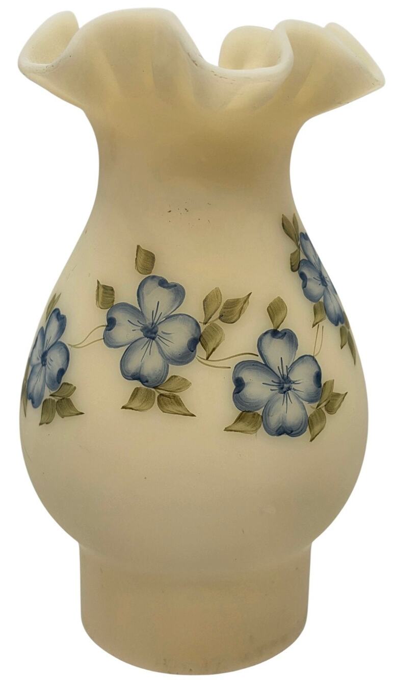 Fenton Glass Signed Globe for Hurricane Lamp Blue Dogwood On Satin Custard